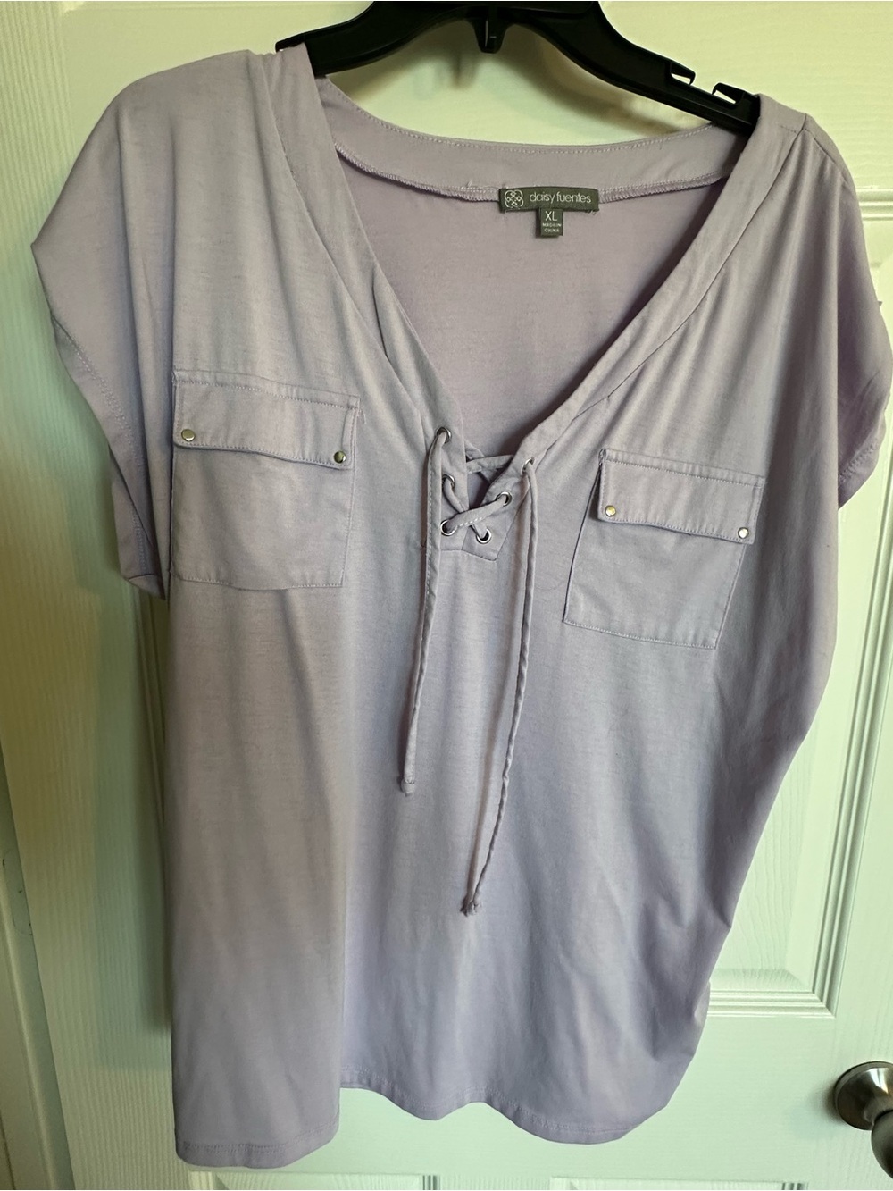 Daisy Fuentes Lavender Lace-Up V-Neck Short Sleeve Top